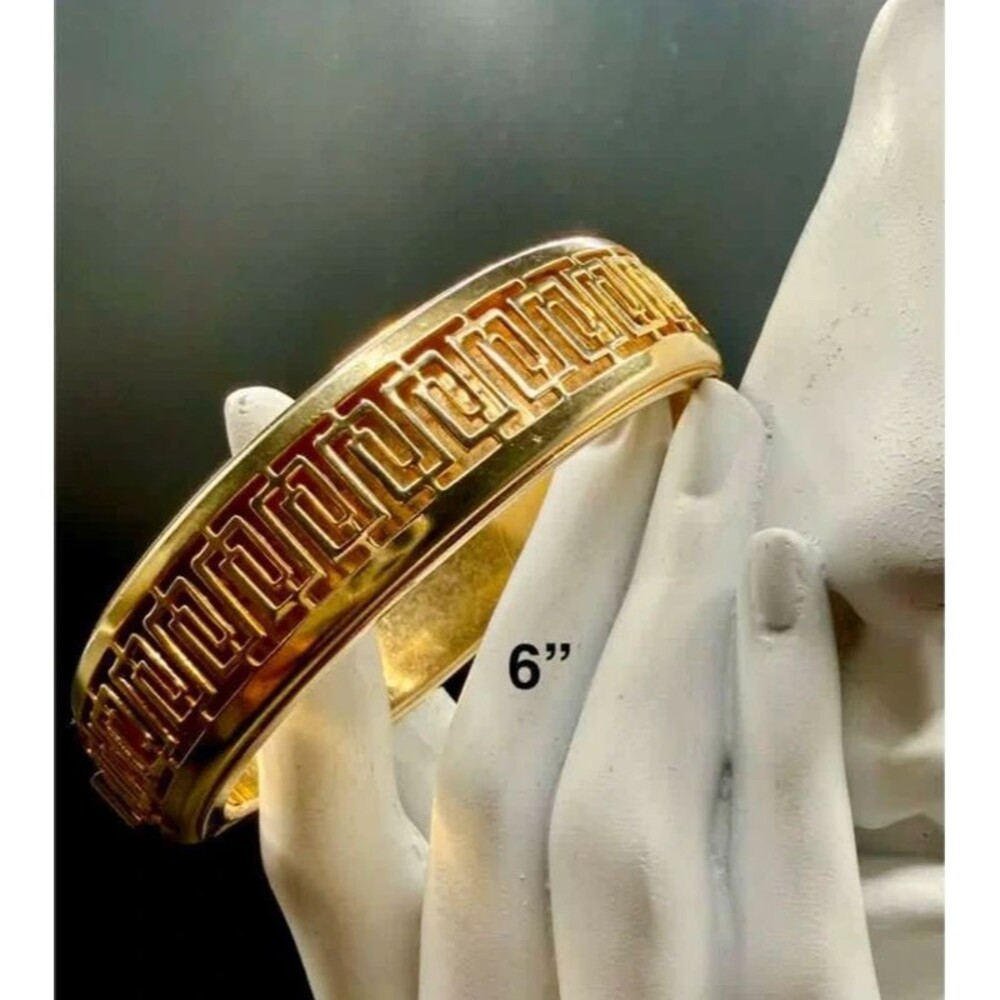 Classic Greek Key Geometric Design Wide Gold Bangle Bracelet